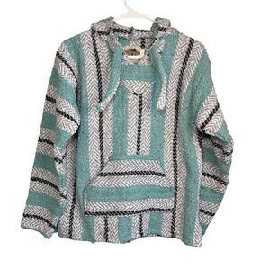 Earth Ragz Baja Poncho Mexican Hoodie Pullover Striped Oversized Blue Women S